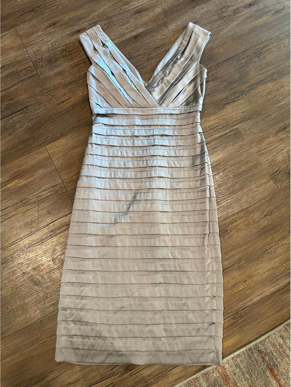 Tadashi Silk Fitted Silver Sleeveless Dress Sz 4 EUC